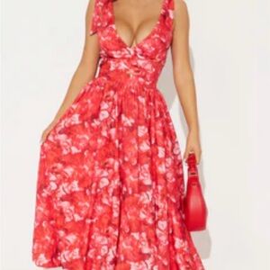 Fashion Nova Vibrant Red Floral Midi Dress